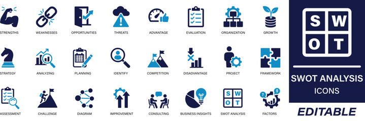 SWOT Analysis Icon Set with solid vector icons. Includes strengths, weaknesses, opportunities, threats, and planning. Great for business and project strategy visuals.