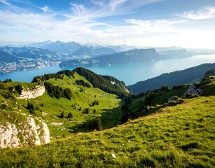 Naklejka premium Alpine vista, lush green hills, serene lake