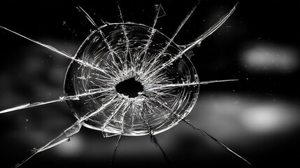 Monochrome Shot of Broken Glass Showing Cracks and a Hole in the Center