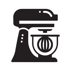 Stand mixer silhouette icon. Black graphic of a food processor or kitchen appliance with whisk and bowl for baking and cooking.
