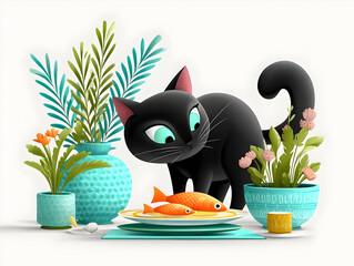 The cat jumped into the kitchen table, intently looks at the crisp fish dish, wanting to steal and eat a fish, a cunning animal