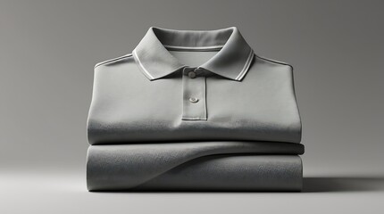 Minimalist Folded Grey Polo Shirt with Subtle Striped Collar Detail