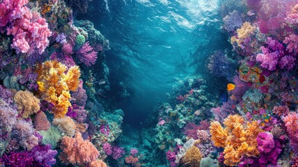 Naklejka premium Vibrant Coral Reef Underwater Scene with Fish Swimming