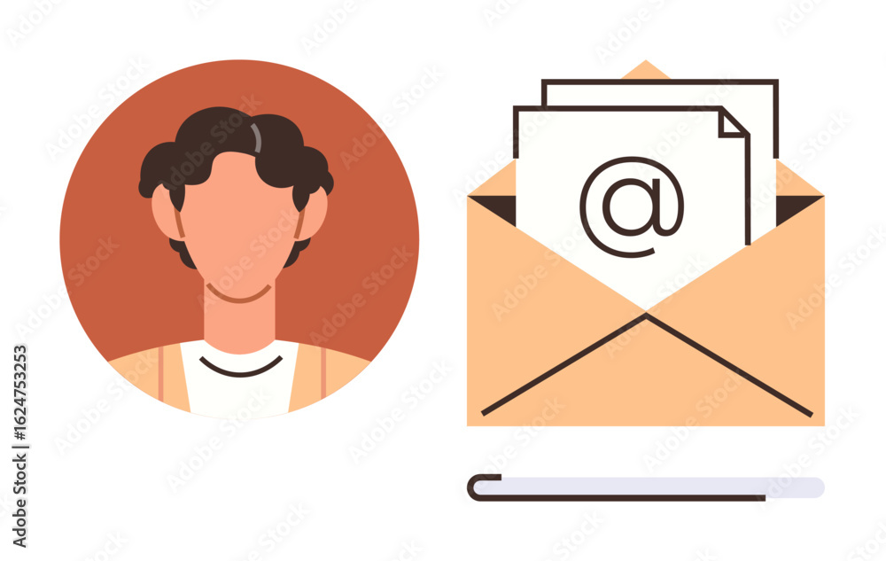 Poster user avatar next to an open envelope containing email sheets marked with the at symbol. ideal for co