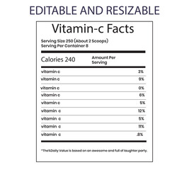 Vitamin C Supplement Facts Label for Product Packaging and Health Information Display Customizable and Resizable Nutrition Information