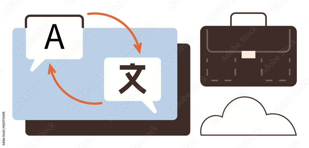 Poster speech bubble exchange between languages on screen with arrow flow, a briefcase for work, and a clou