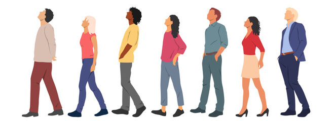Group of young men and women, profile, look up, different colors, cartoon character, silhouettes of walking business people, students, design concept of flat icon, isolated on white