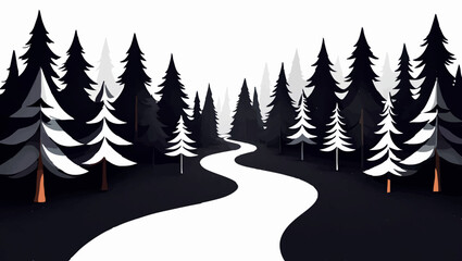 Obraz premium Dark Pine Forest Valley Silhouette Illustration