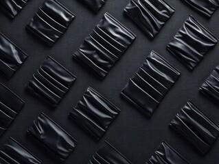 Black rectangular panels with pleated texture, arranged in a grid pattern on a dark background