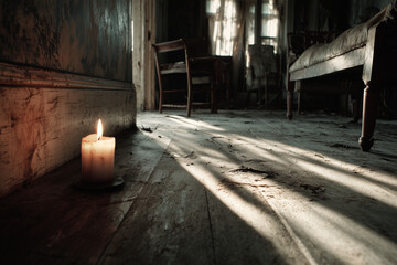 Candlelight illuminating an abandoned room with vintage decor