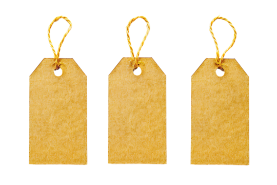Three Blank yellow Kraft Tags in a transparent background