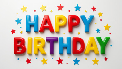 Vibrant colorful letters spell Happy Birthday surrounded by festive stars and confetti creating a joyful celebration atmosphere
