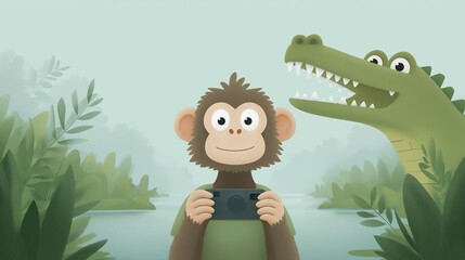 Naklejka premium A charming cartoon illustration of a monkey taking a selfie with a smiling crocodile in a serene jungle river, perfect for kids' media