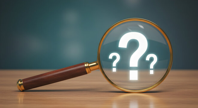 Magnifying glass illuminating a large glowing question mark. Represents inquiry, searching for answers, problem-solving, and curiosity.