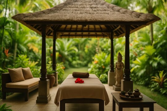 Relax in serene tropical spa pavilion. Enjoy a peaceful outdoor massage surrounded by lush greenery.
