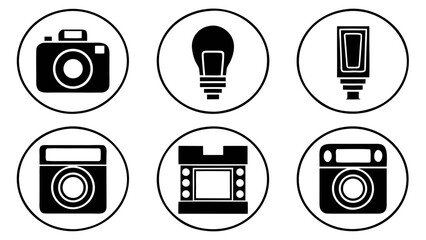 Collection of six black and white icons representing photography and film