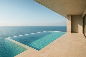 Obraz premium Luxurious infinity pool overlooks a breathtaking blue ocean vista under clear skies. Ideal for relaxation.