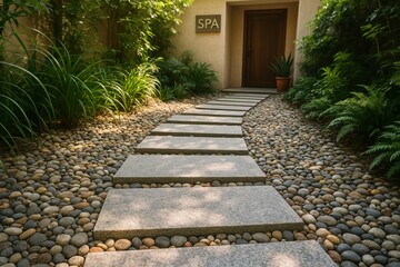 Obraz premium Stone pathway leads through tranquil garden to inviting spa entrance. Relaxing natural setting for wellness and peace.