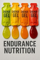 Colorful energy gels for endurance activity are laid out. Essential nutrition for athletes.