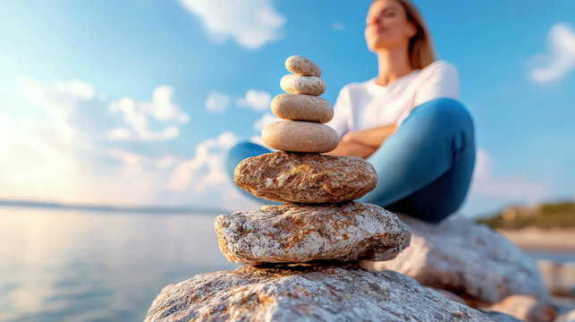 Serene scene of woman meditating near stack of balanced stones by water, reflecting tranquility and harmony