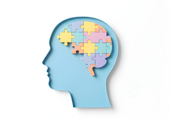 Human head silhouette filled with colorful puzzle pieces. Represents mental health, understanding, intelligence, and cognitive processes.
