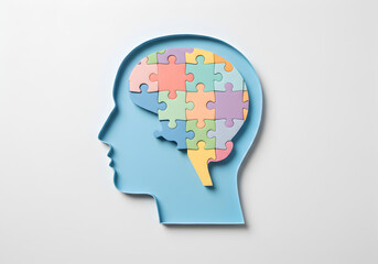 Human head silhouette filled with colorful puzzle pieces. Represents mental health, understanding, intelligence, and cognitive processes.