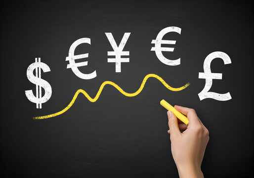 Hand drawing an upward trend line on a chalkboard with various currency symbols. Represents global financial markets, economic growth, and currency exchange.
