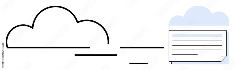 Poster cloud outline connected to a document stack with flowing lines, representing cloud storage, file sha