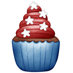 red swirl cupcake with blue base and white stars