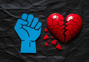 Blue fist next to a shattered red heart. Symbolizes broken relationships, emotional pain, anger, and domestic violence.