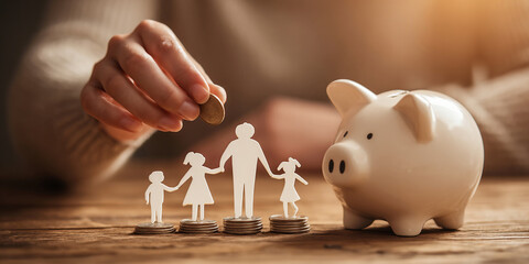 businessman putting coin on the piggybank and paper family on table, donation, saving, charity, family finance plan concept, fundraising, superannuation, investment, financial crisis concept.