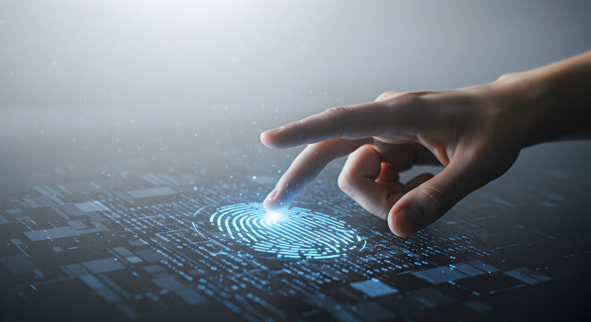 Finger pressing a glowing fingerprint scanner on a digital surface. Represents biometric security, authentication, and cybersecurity.