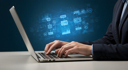 Person typing on a laptop with a glowing business network and data flow diagram. Represents IT solutions, digital transformation, and business intelligence.