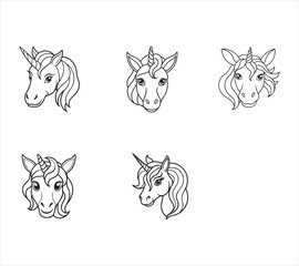 Collection of Cartoon Unicorn Heads in Outline Style for Coloring Pages or Cute Illustrations for Kids and Fantasy Lovers
