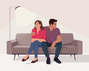 A flat vector illustration of an upset couple having a silent conflict on a couch.