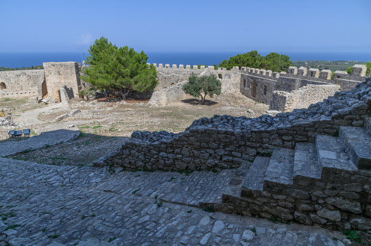 Chlemoutsi castle ramparts overlooking the Ionian sea, Kyllini, Greece