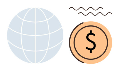 Globe grid, dollar coin symbol, wave lines. Ideal for finance, global economy, trade, connectivity, investments international business digital economy. Minimalistic flat design metaphor