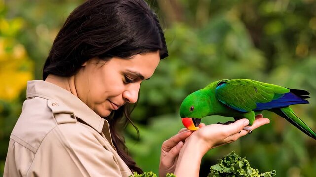 Caring Zookeeper Gently Feeds a Vibrant Green Eclectus Parrot from Her Hand