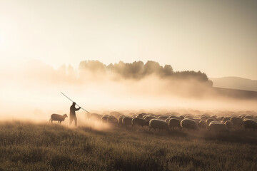 Fototapeta premium Shepherd guiding a flock of sheep through open pasture at sunrise, mist in the background, natural harmony between human and animals