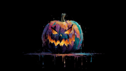 Illustrated Halloween pumpkin with a wicked face glowing against a black background, perfect for seasonal wallpapers or greeting cards.