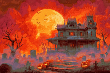 Spooky Halloween illustration of a haunted mansion perched in a creepy graveyard, with glowing pumpkins and a fiery orange moon, perfect for Halloween-themed cards and wallpapers.