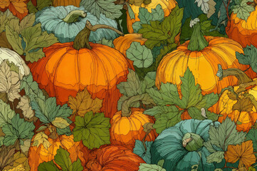 Colorful harvest-themed illustration featuring a variety of pumpkins amidst lush leaves, perfect for seasonal cards, wallpapers, and autumn décor to celebrate fall.