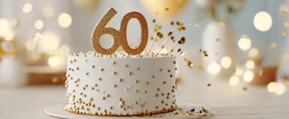 The elegant white cake celebrating a milestone 60th birthday with golden decorations.