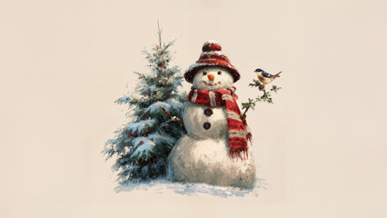Cute Christmas snowman illustration with red scarf and hat near snowy tree and bird, perfect for festive cards, winter decoration, and holiday wallpaper designs