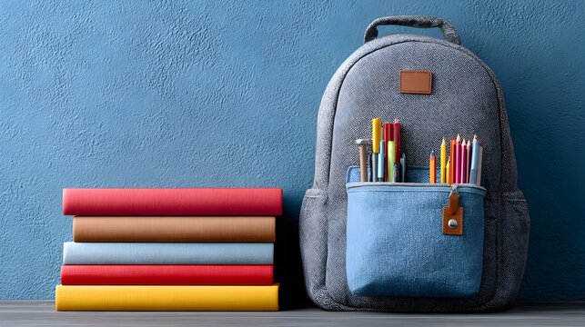Stack of colorful books and backpack filled with pencils and pens are ready for the first day of school.