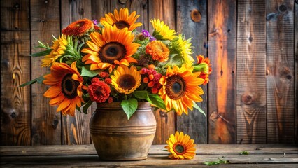 Vibrant orange sunflowers standing tall amidst a colorful bouquet of fresh flowers in a rustic wooden vase, art style, vintage vibe