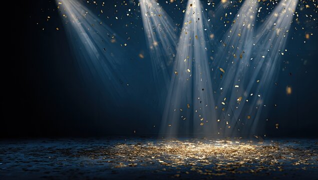 Dark stage lit by spotlights with golden confetti - Powered by Adobe