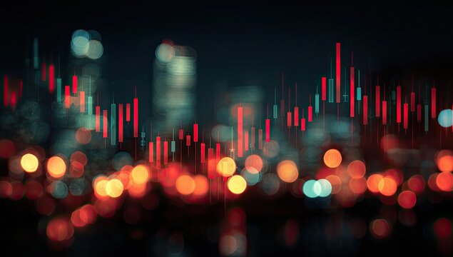 Abstract financial chart overlayed on a night city bokeh