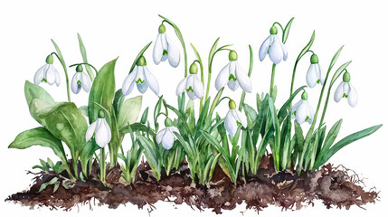 Watercolor botanical illustration of snowdrop flowers with green leaves, showcasing their delicate beauty in natural setting