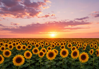 広大なひまわり畑と美しい夕焼け空の夏風景

